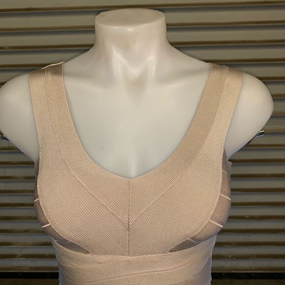 Bebe Double V-Neck Bandage Dress in Tapioca - Picture 5 of 8